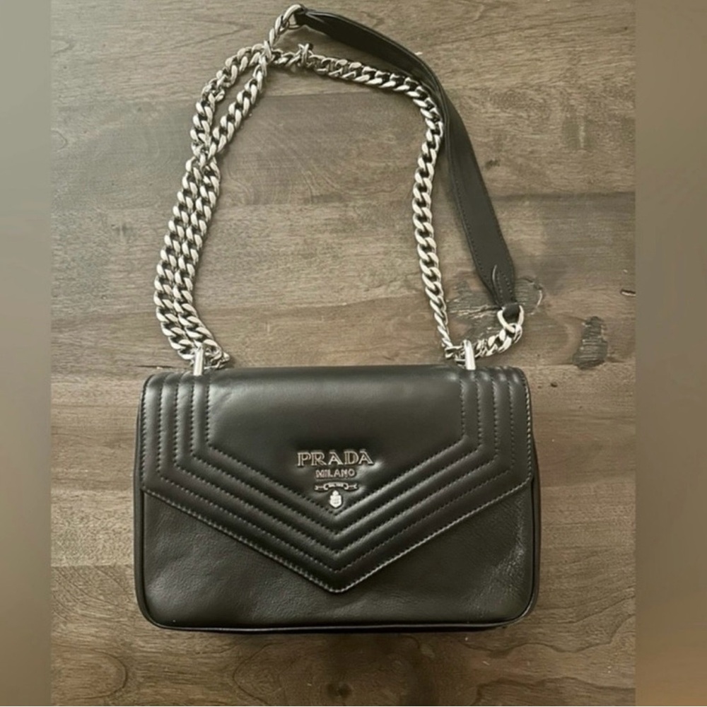 Authentic PRADA Grace Lux Leather Shoulder Bag in Black with Silver Chain